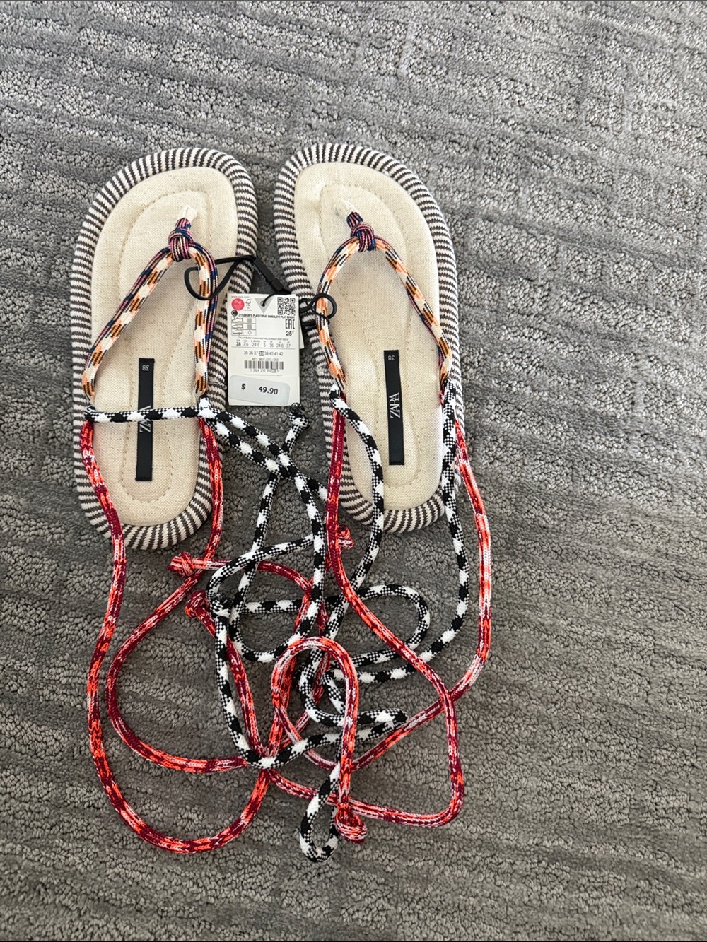 Zara Striped Rope Lace Wrap Around Sandals NWT size 38